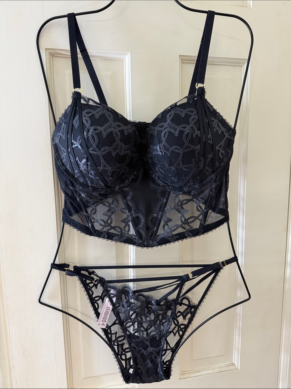 Sheer Black Lace Bustier Set with Matching Strappy Panty